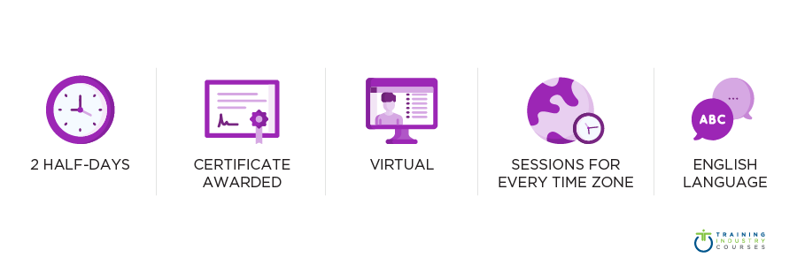 Managing Training Development and Delivery Certificate is two half days, a certificate is awarded, virtual, sessions for every time zone, will be in the english language